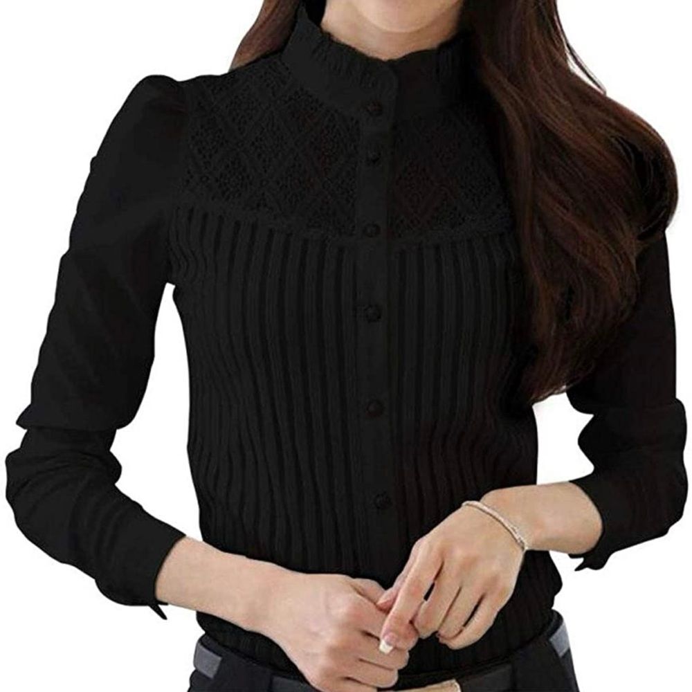 Black Victorian Style Semi Sheer Lace Pleated Blouse